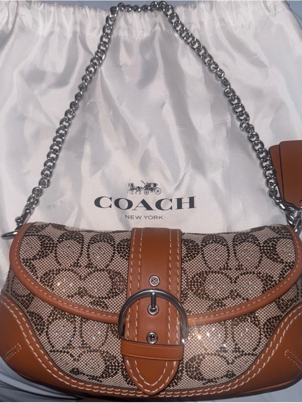 **Authentic Coach Brown Signature Canvas & Leather Shoulder Bag with Chain Strap